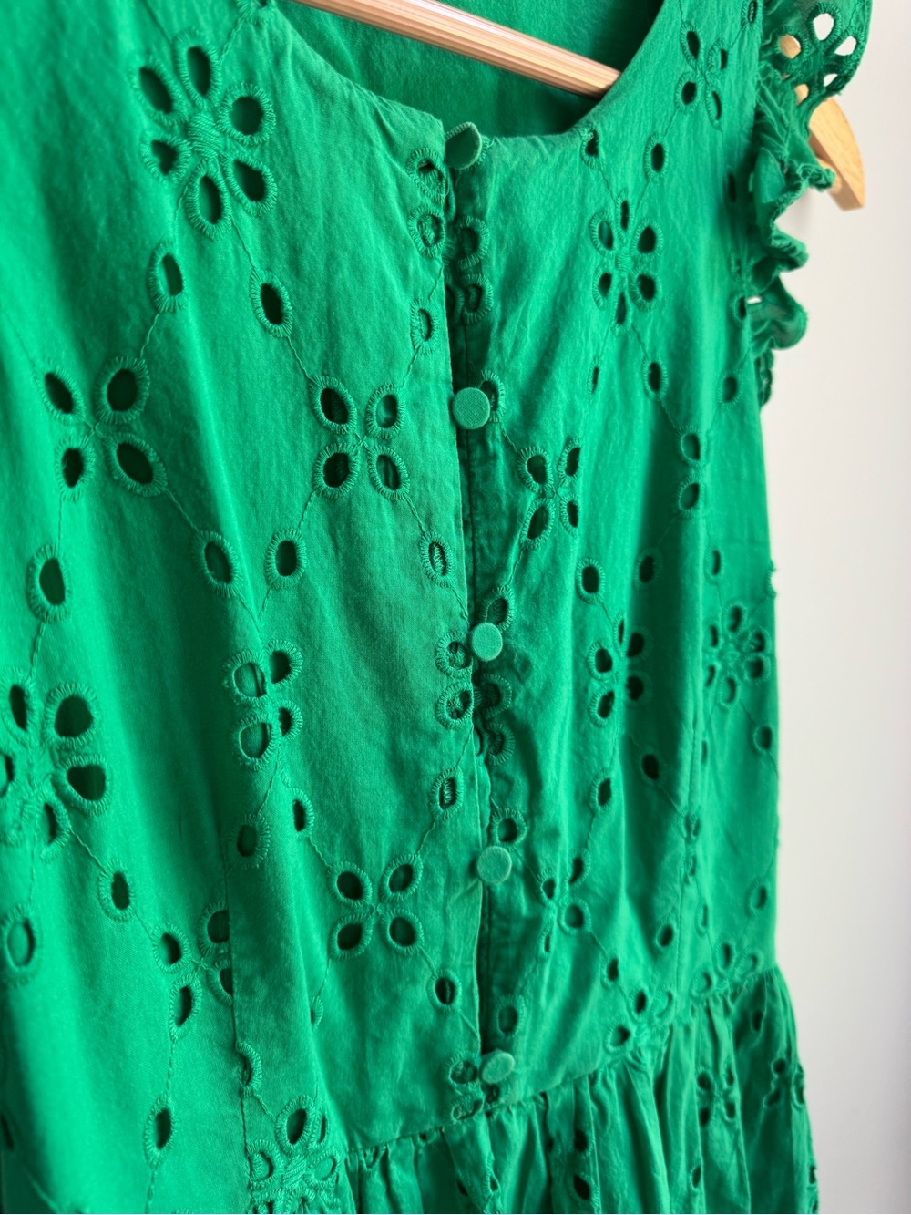 J. Crew Emerald Green Eyelet Midi Dress with Ruffle Sleeves Wedding Garden Party - Picture 2 of 10